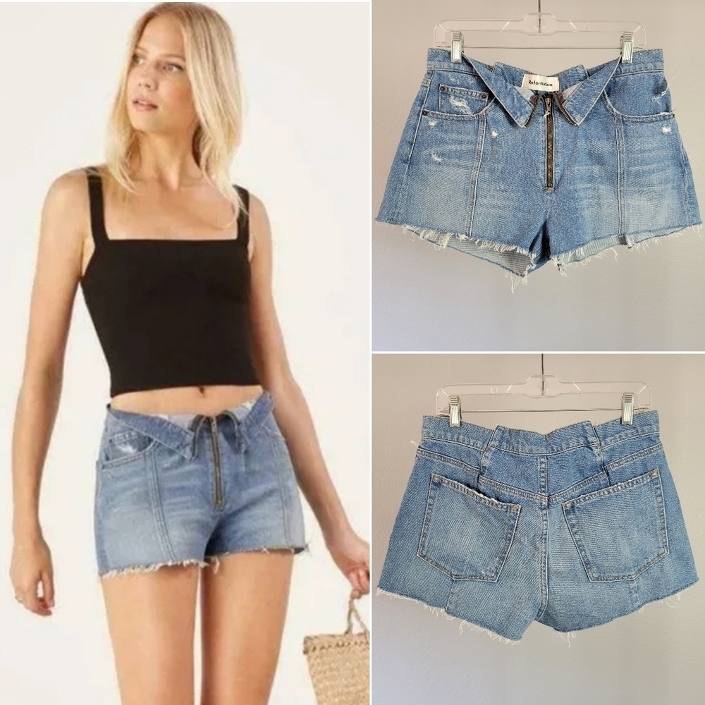 REFORMATION // fanny distressed fold over exposed zipper mid rise denim shorts